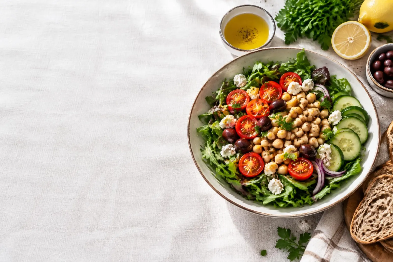 Verdure, legumi, pane e olio extravergine sulla tavola mediterranea